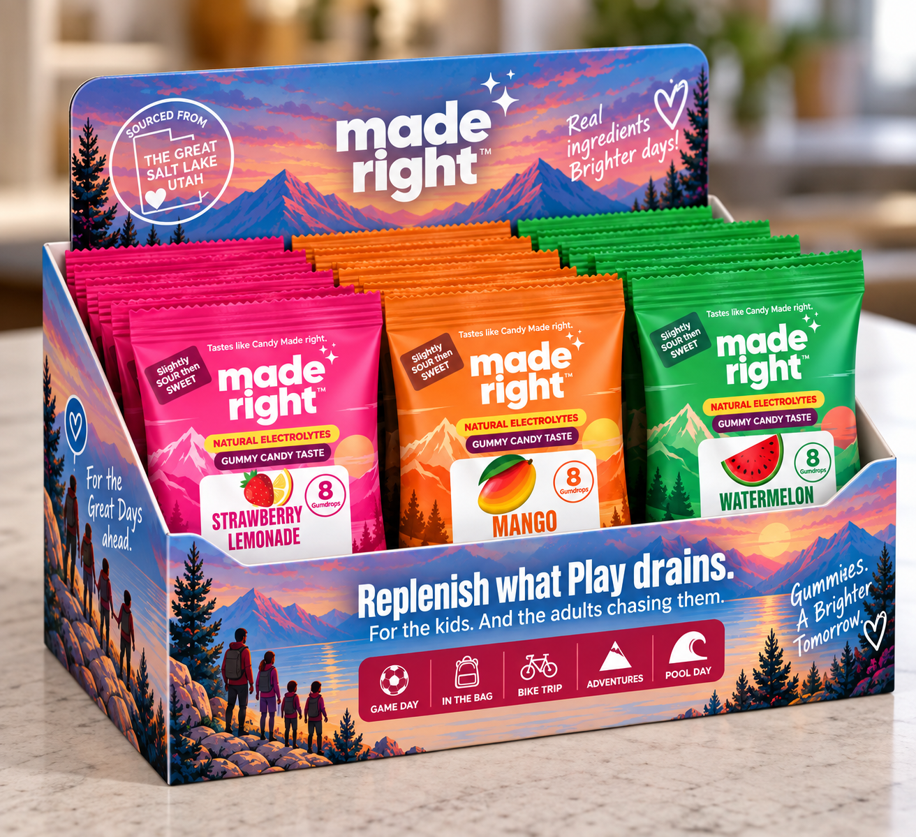 Made Right Gummies branded countertop display box, holds individual packets by the register