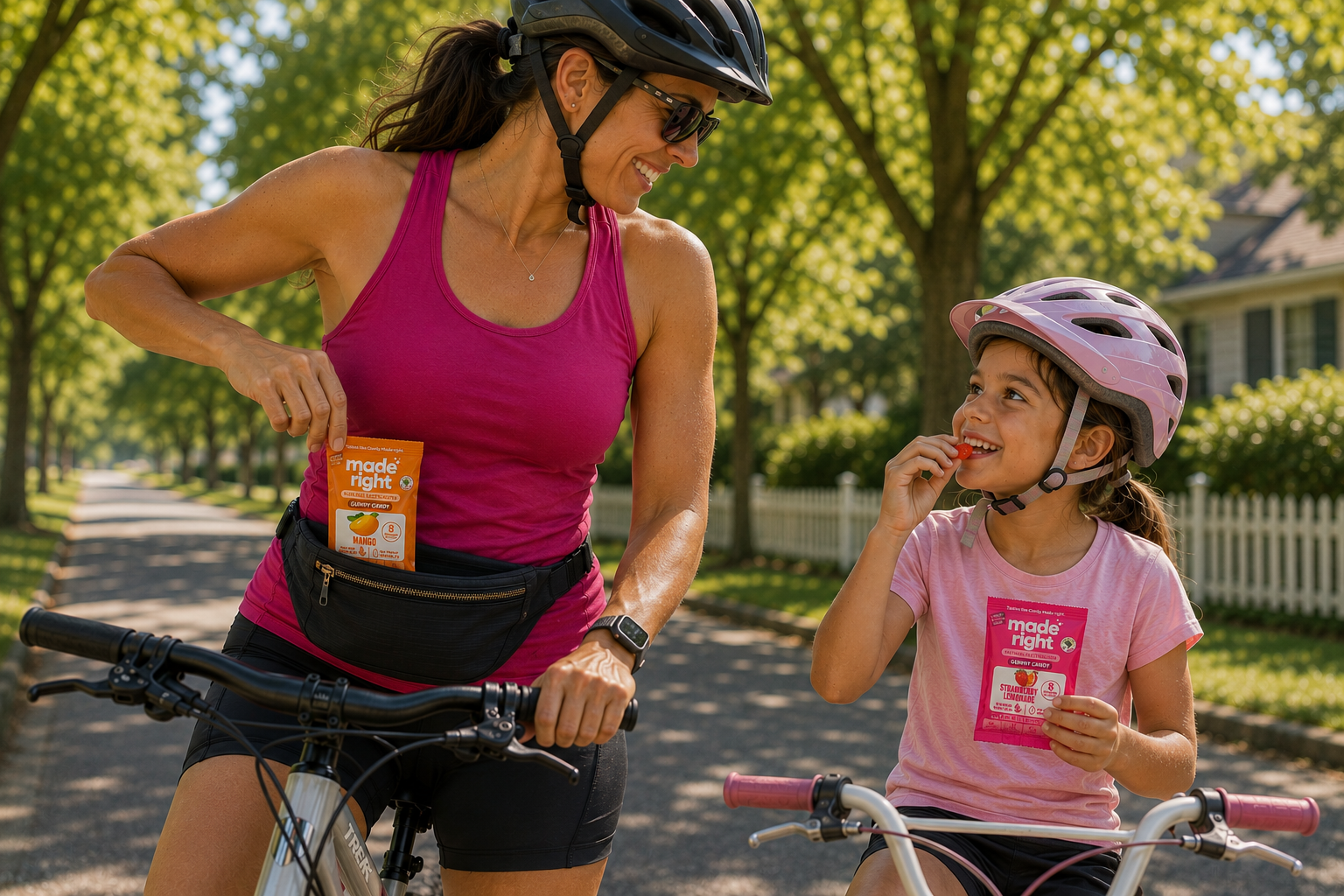 Mom and daughter eating Made Right Gummies on a bike ride