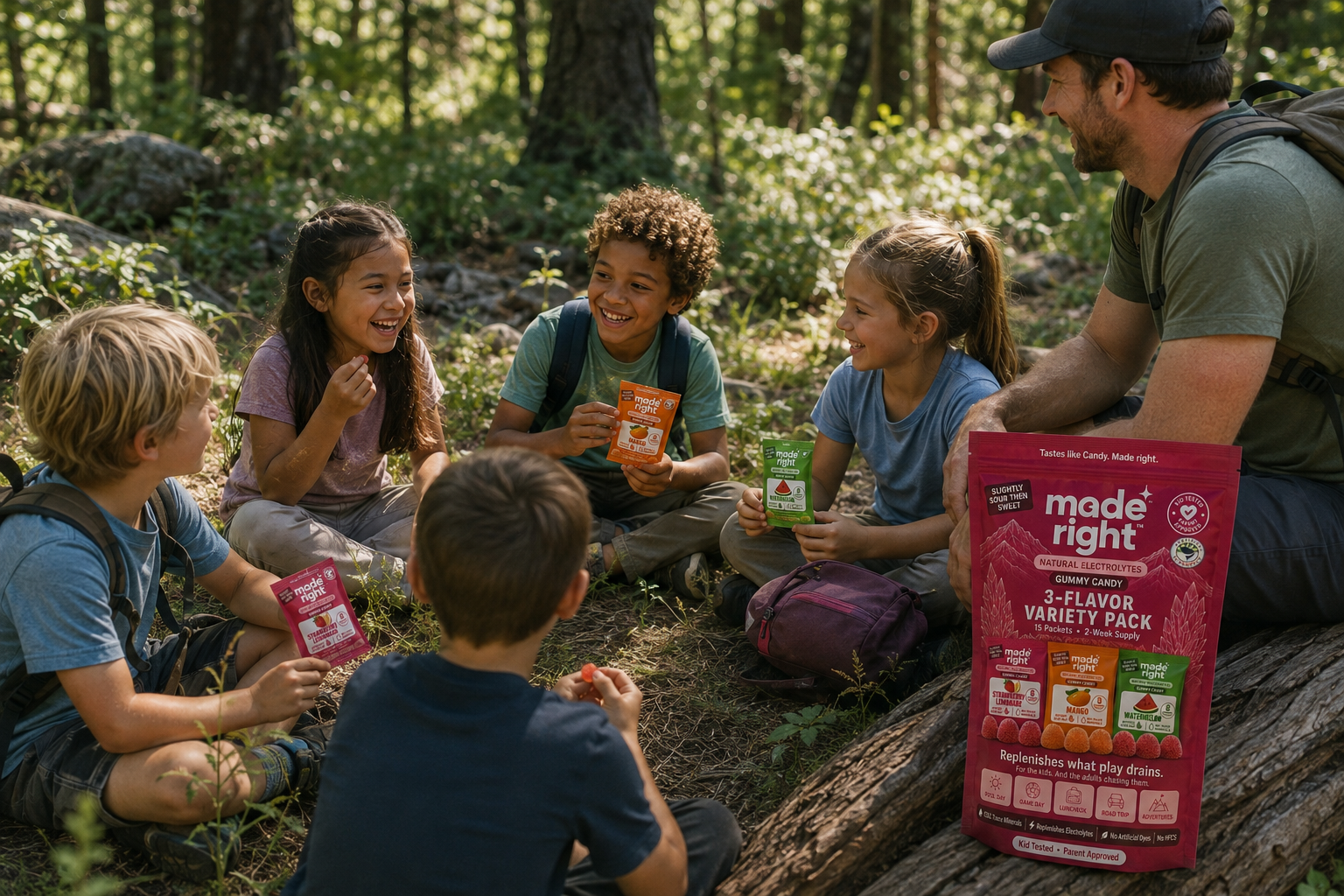 Kids sharing Made Right Gummies on a hike