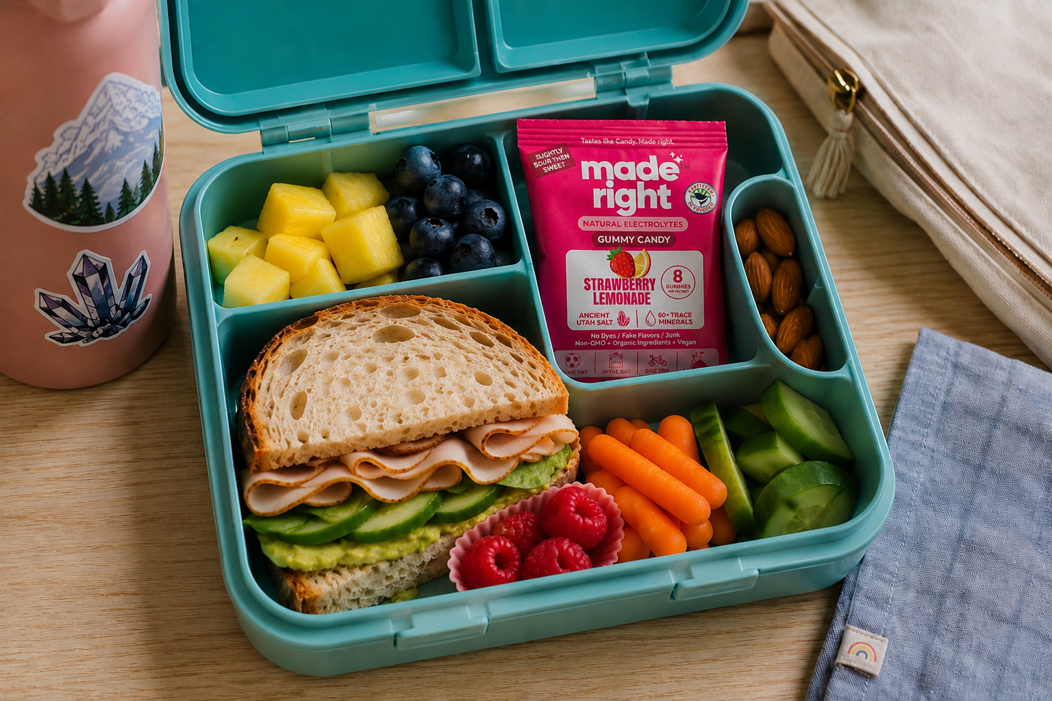 Made Right Gummies packed inside a kid's bento lunchbox