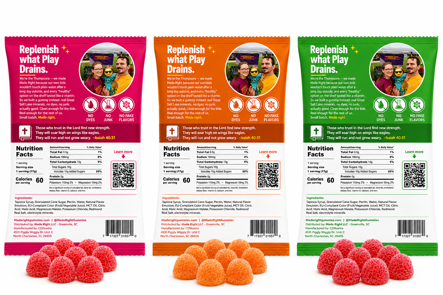 Made Right Gummies — back of individual packets, Nutrition Facts and ingredients