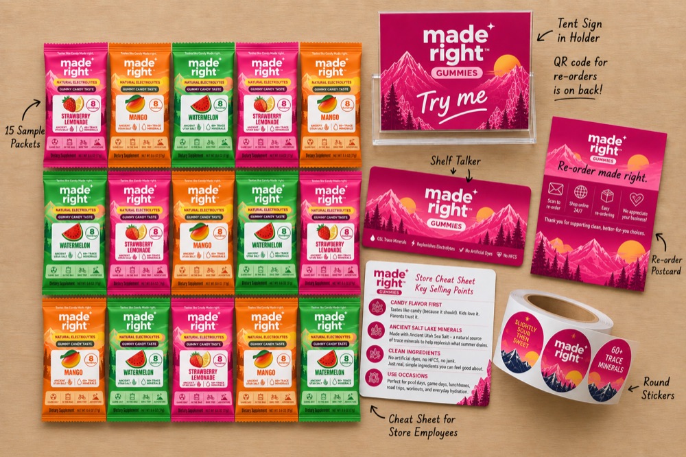 Made Right Gummies Launch Kit: sample bag, shelf sign, display holder, staff card, reorder card