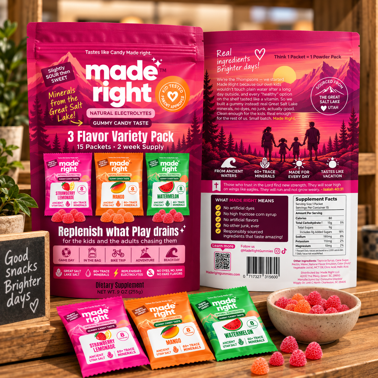 Made Right Gummies variety pack and individual packets displayed on a store counter